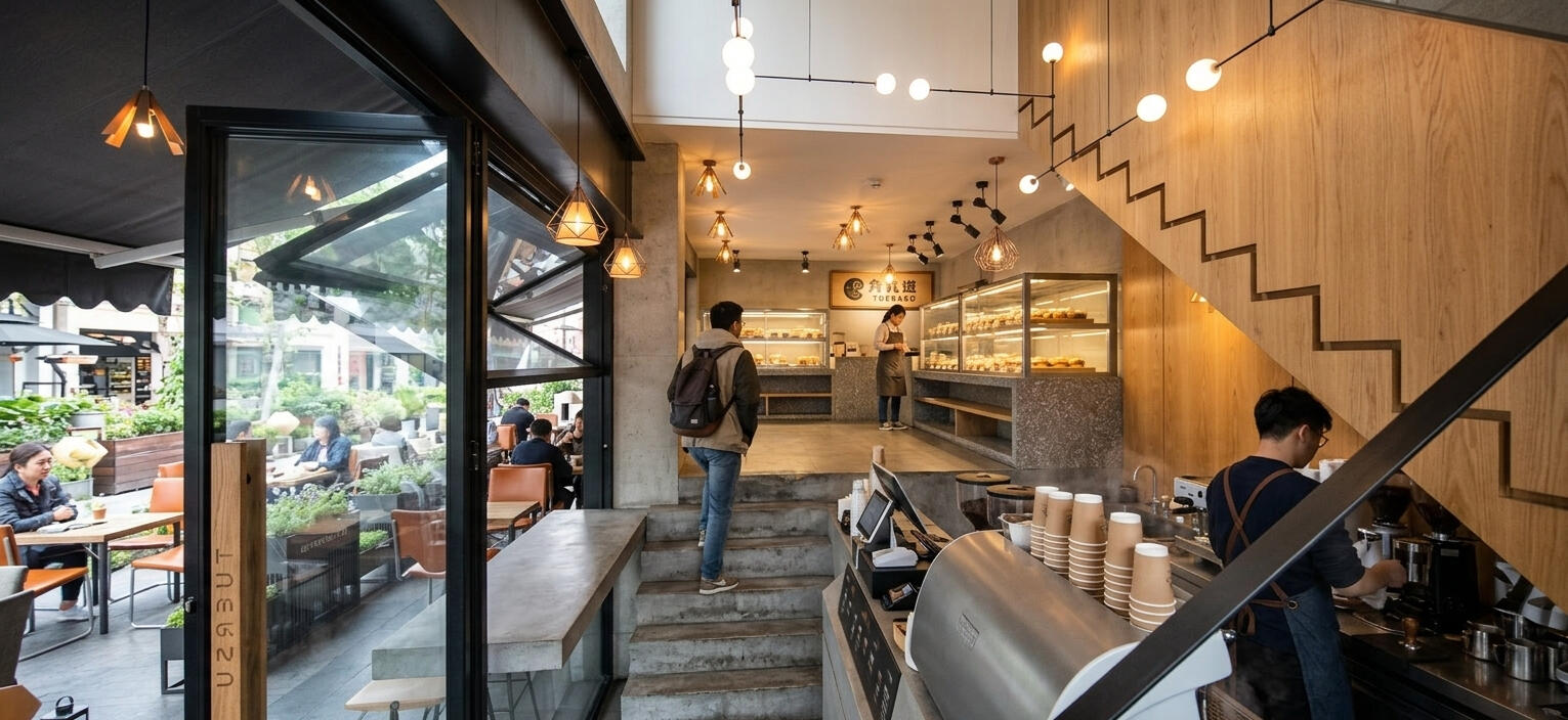 Contemporary coffee shop — hospitality interior visualization by VAGANTIS RENDER
