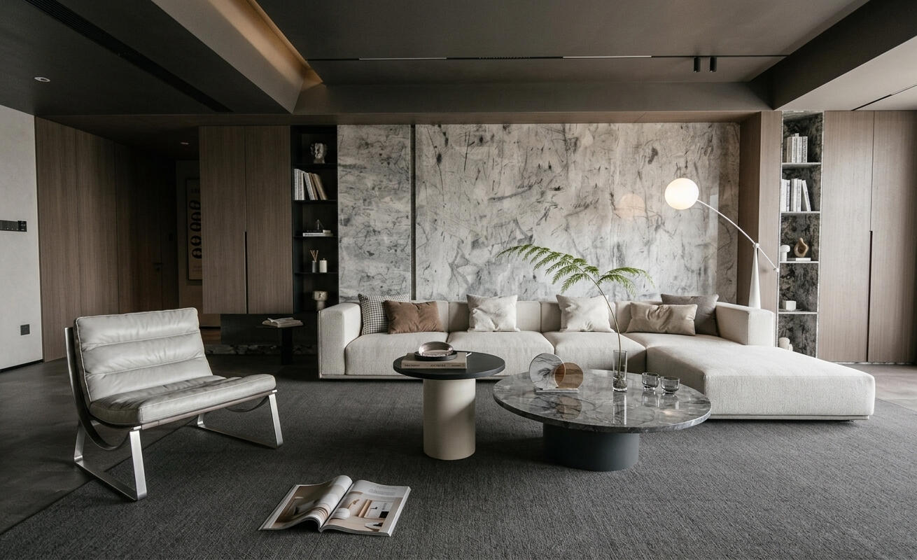 Contemporary living room with marble and wood finishes — interior visualization by VAGANTIS RENDER